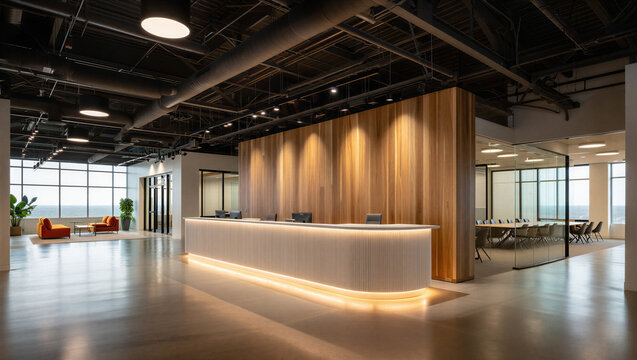 Modern office lobby reception desk with industrial ceiling design reception interior industrial