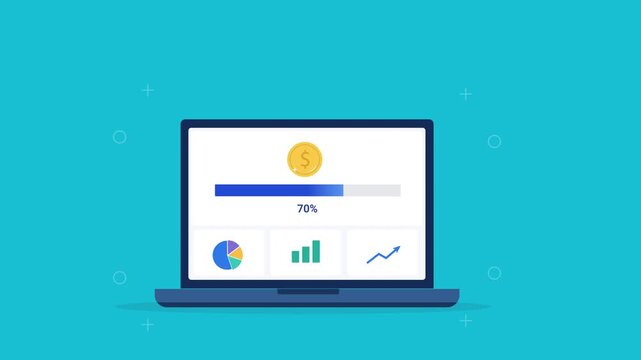 Modern flat vector animation of a laptop displaying a financial dashboard with revenue indicator, analytics charts, and progress bar. Ideal for fintech, business, software, and web technology projects