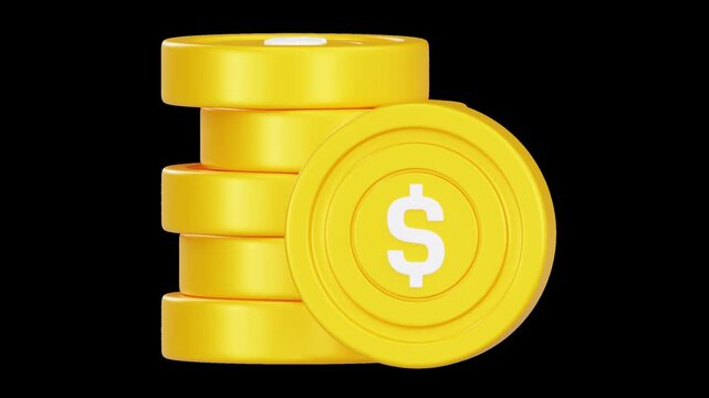 3D Gold Coin Stack Dollar Animation, Alpha Channel