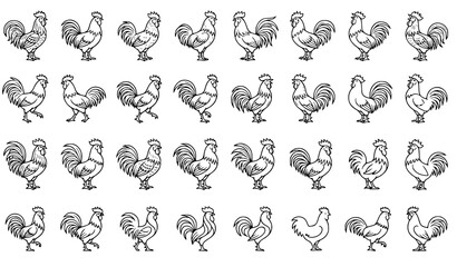 Rooster and Cockerel Line Art Vector Icon Set Featuring Various Chicken Poses for Farm Branding, Agriculture Logos, and Organic Food Packaging Designs © Md