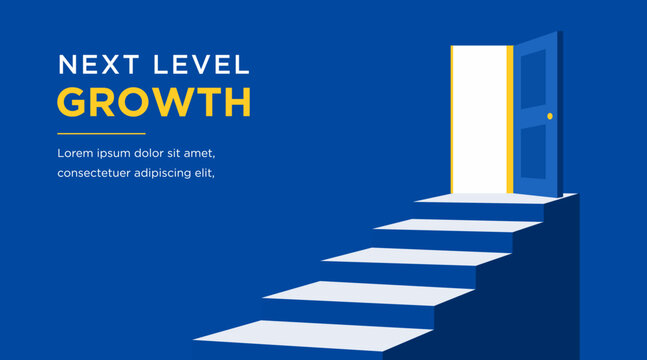 Business growth opportunity vector with open door and stairs, modern blue banner template. Minimal corporate presentation background symbolizing success, progress, future, and achievement