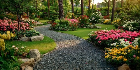 Obraz premium A vibrant sunlit landscape garden with a winding gravel path and colorful flower beds at dawn.