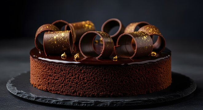 Elegant dark chocolate mousse cake with gold leaf decorations on a slate plate.