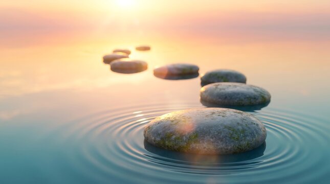 The image features a path of smooth stepping stones stretching across calm water with gentle ripples at sunrise.