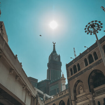 Abraj Al Bait Clock Tower under bright sun in Mecca Saudi Arabia