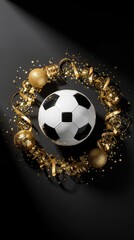 Naklejka premium Soccer ball encircled by golden ribbons and festive ornaments