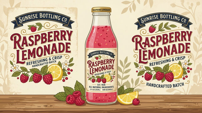 Raspberry lemonade glass bottle with vintage botanical label design featuring fresh fruit illustrations on a rustic wooden surface for commercial branding