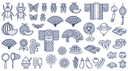 Japanese summer insect and food line icon collection. © Ojufa