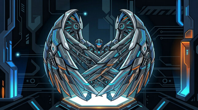 Cybernetic warrior standing with large mechanical wings enveloping body in a futuristic high tech neon lighted laboratory environment for digital concept art