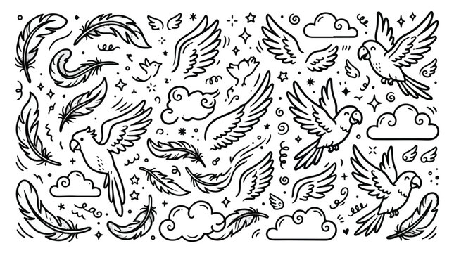 Doodle collection of flying parrots and feathers.