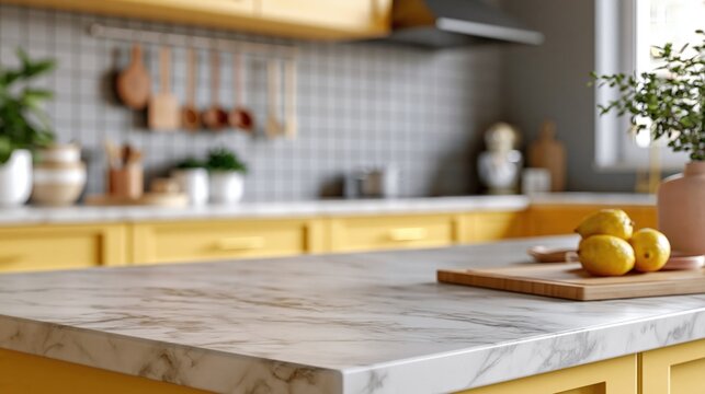 Modern yellow kitchen with marble countertop and empty workspace for product display