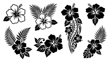 Obraz premium Black hibiscus flower and tropical leaf silhouette set