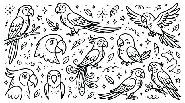 Set of cute hand drawn parrot doodle characters.