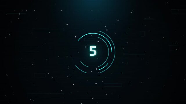 10 Second Digital countdown timer with neon blue futuristic circular interface elements and particle effects, science fiction theme