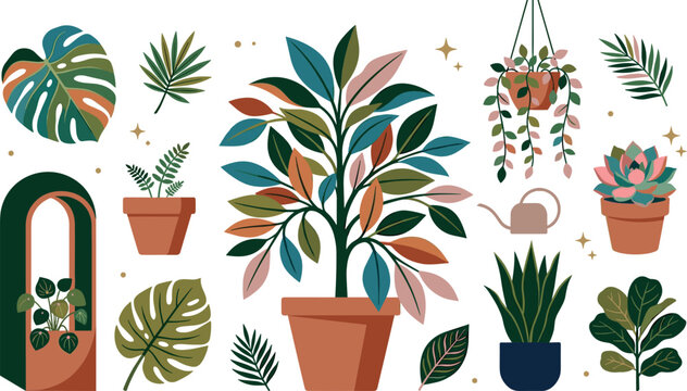 PrintPotted Houseplants and Indoor Jungle Vector Element Set Featuring Monstera, Succulent, Hanging Planter, Fiddle Leaf Fig, and Gardening Decorative Botanical Illustrations