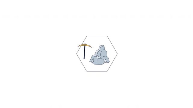 Mining pickaxe breaking rock hexagon 2D cartoon object animation. Mineral extraction. Resource exploration. Hard work. Tool striking formation honeycomb shape animated flat colorful item 4K video