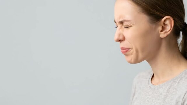 Young woman checking her bad breath by blowing air into her hand. Halitosis, oral hygiene, and dental health problem concept.