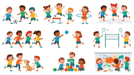 Fototapeta premium Kids playing various outdoor sports and activities in park.