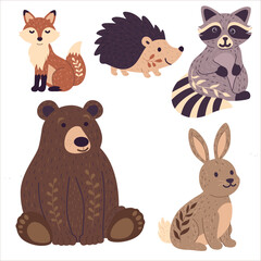 Fototapeta premium Woodland animals vector clipart set. Cute forest animals illustration featuring bear, fox, hedgehog, raccoon, and rabbit with botanical details, cottagecore nursery decor asset