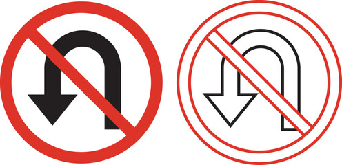 No U turn sign circular red and white black traffic symbol. No u turn sign a red prohibition symbol for road traffic regulations. Concept of traffic prohibition, turn restriction, safety © MDParveg