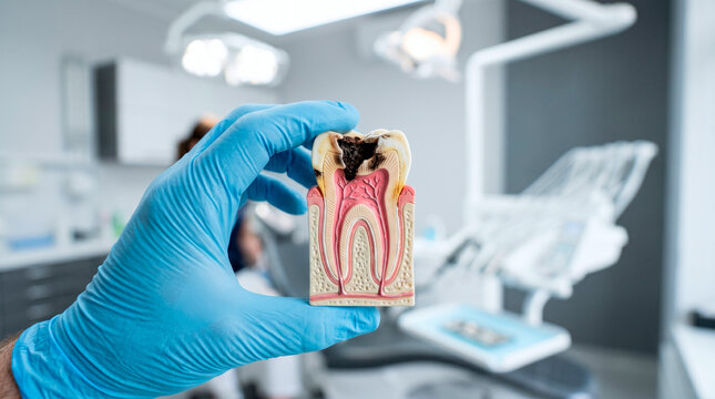 Dentist holding a model of a decayed tooth showing internal structure and decay