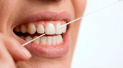 Fototapeta premium Close-up of a person's mouth flossing their teeth with white dental floss