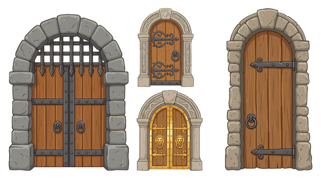 Set of cartoon medieval wooden doors with stone arches