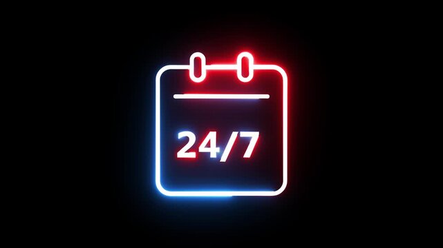 Neon glowing 24 7 calendar icon animation representing always open service concept.
