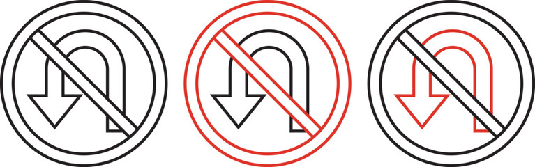 No U turn sign circular red and white black traffic symbol. No u turn sign a red prohibition symbol for road traffic regulations. Concept of traffic prohibition, turn restriction, safety © MDParveg