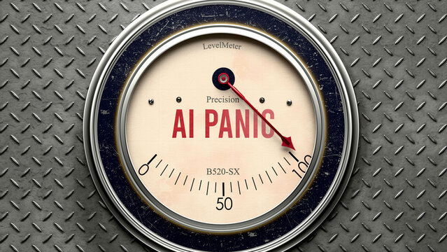 Ai Panic that is hitting a full scale, showing a very high level of ai panic, overload of it, too much of it. Maximum value, off the charts.  ,3d illustration