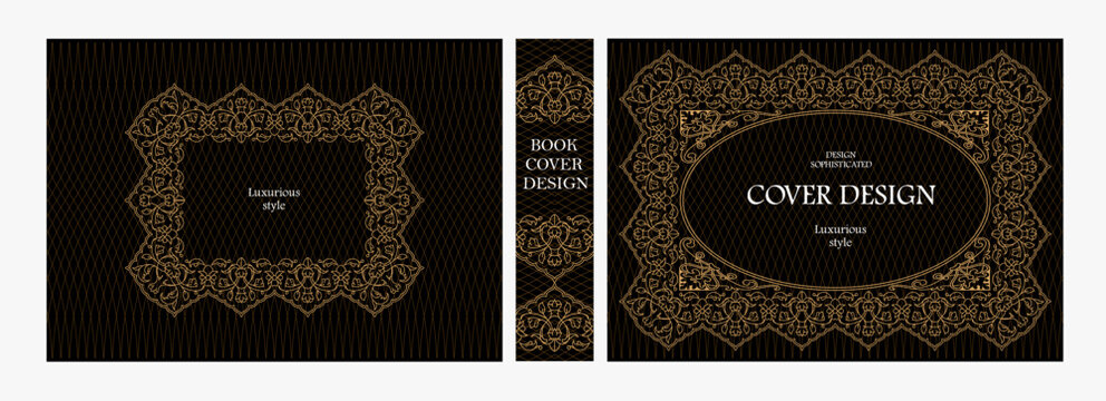 Elegant horizontal vintage book cover design with ornate Art Nouveau frame, geometric decorative ornaments, and luxurious retro style for publications, albums, posters, and premium layouts