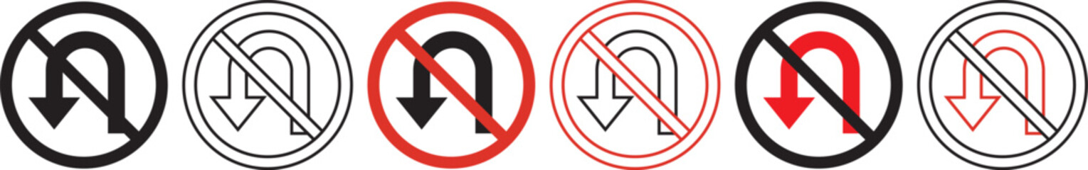 No U turn sign circular red and white black traffic symbol. No u turn sign a red prohibition symbol for road traffic regulations. Concept of traffic prohibition, turn restriction, safety © MDParveg