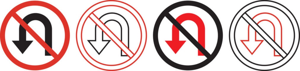 No U turn sign circular red and white black traffic symbol. No u turn sign a red prohibition symbol for road traffic regulations. Concept of traffic prohibition, turn restriction, safety © MDParveg