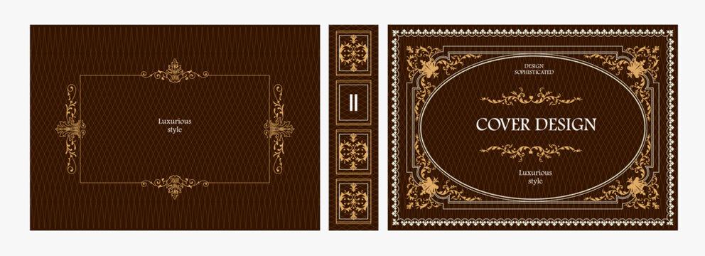 Elegant horizontal vintage book cover design with ornate Baroque frame, decorative gold ornaments, and luxurious retro style for publications, albums, posters, and premium layouts