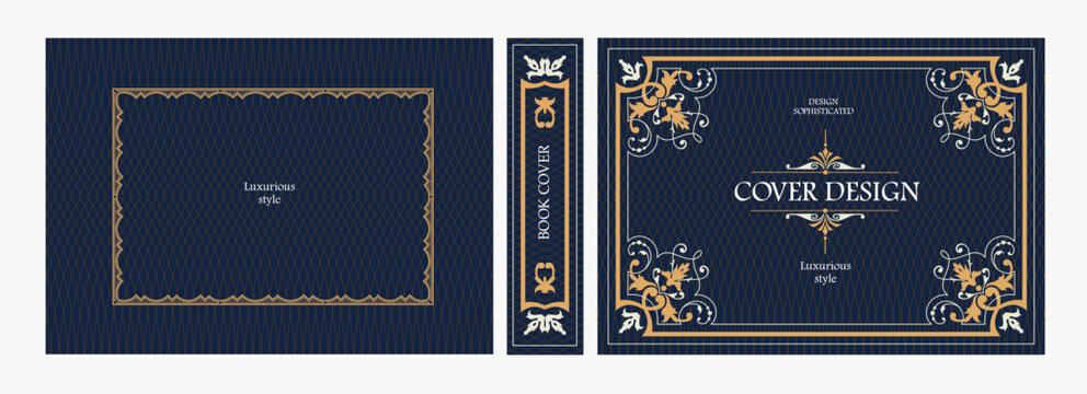 Elegant horizontal vintage book cover design with ornate Baroque frame, decorative gold ornaments, and luxurious retro style for publications, albums, posters, and premium layouts