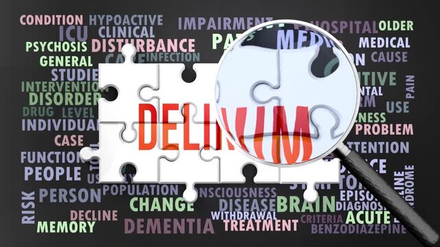 Delirium under magnifying glass, being researched, studied and examined. Most important subjects and ideas closely related to delirium presented as a word cloud. Complexity of delirium. Can be looped.