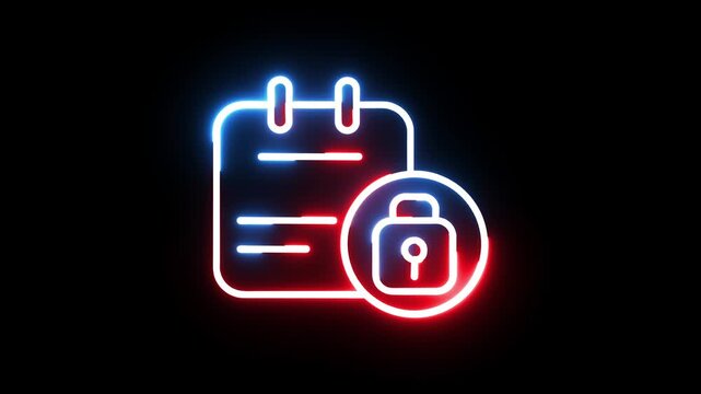 Neon glow effect animation of calendar and lock icon on black background seamless loop.