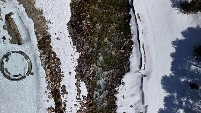 Scenic Aerial View of River Flowing Through Snow Covered Land with Frozen Winter Landscape, Snowy Mountains, White Valley, Cold Climate Wilderness, Natural River Stream and Breathtaking Himalayan Scen