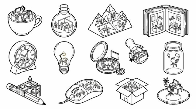 Isometric line art collection of miniature office workspaces inside everyday objects and household items.