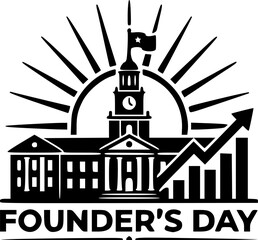 Obraz premium Founder's Day logo design with historic building, clock tower, sunburst rays, and growth arrow chart, black and white badge for business heritage and success