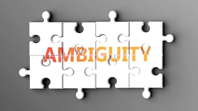 Ambiguity being a complex topic - puzzle pieces with word ambiguity coming together to make a whole. Ambiguity made of many fitting parts, a compound subject.