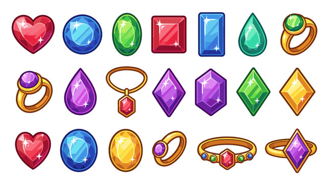 Set of colorful gemstone icons and gold jewelry elements