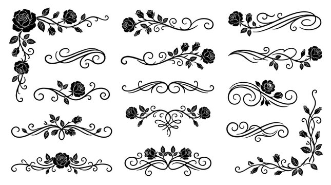 Set of black rose floral swirl ornaments and decorative borders