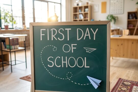First day of school chalkboard sign with paper airplanes classroom interior