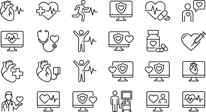 Cardiology and Heart Health Line Icon Set with Pulse Ecg Monitor Doctor Stethoscope and Medicine Symbols