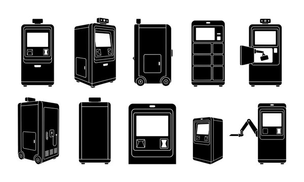 Self Service Kiosk Machine Silhouette Vector Set Featuring Interactive Digital Terminals and Automated Payment Stations