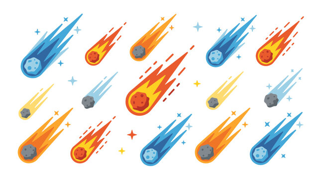 Colorful meteor and asteroid streak set in flat vector style