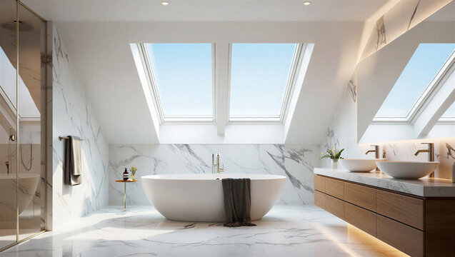 Luxurious modern bathroom with freestanding tub and skylights double sinks real estate bathroom