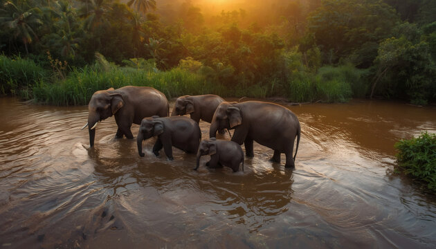Sumatran elephant herd crossing shallow river in tropical rainforest at golden sunset, Way Kambas National Park, Indonesia