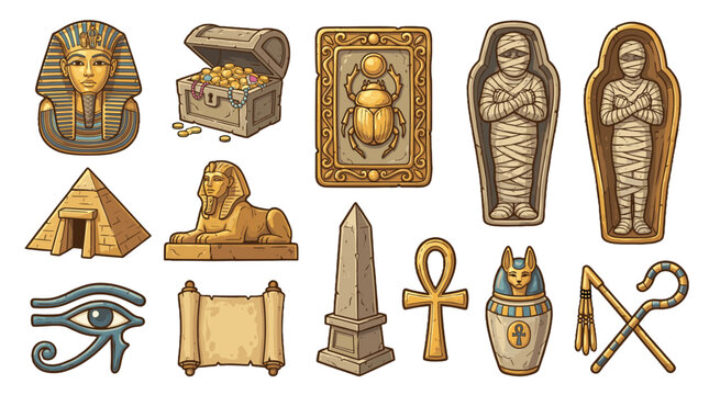 Set of ancient Egyptian symbols and artifacts in cartoon vector style